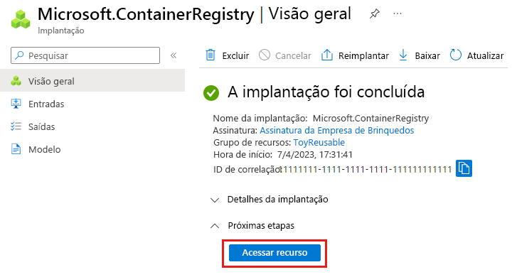 Captura de ecrã do portal do Azure que mostra a implementação do registo de contentor, com o botão para ir para um recurso realçado.