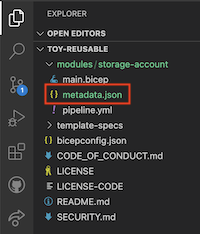 Captura de tela do Visual Studio Code que mostra o local do arquivo JSON de ponto de metadados.