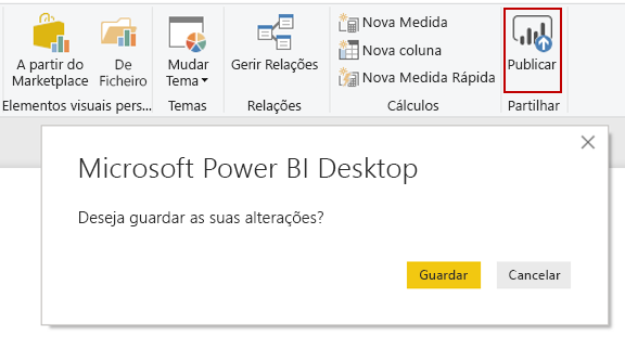 Captura de ecrã a mostrar o botão Publicar do Microsoft Power BI Desktop.