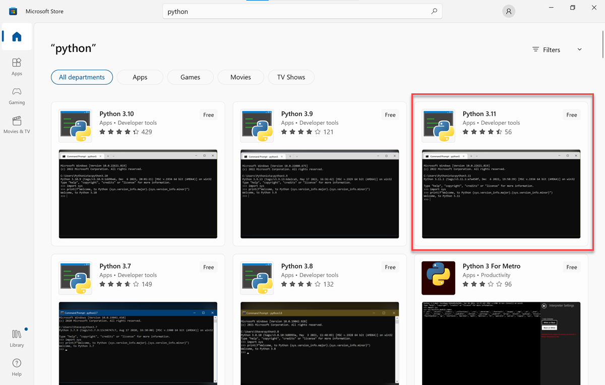 Captura de tela da tela de resultados de pesquisa da Microsoft Store para Python, destacando Python 3.11.