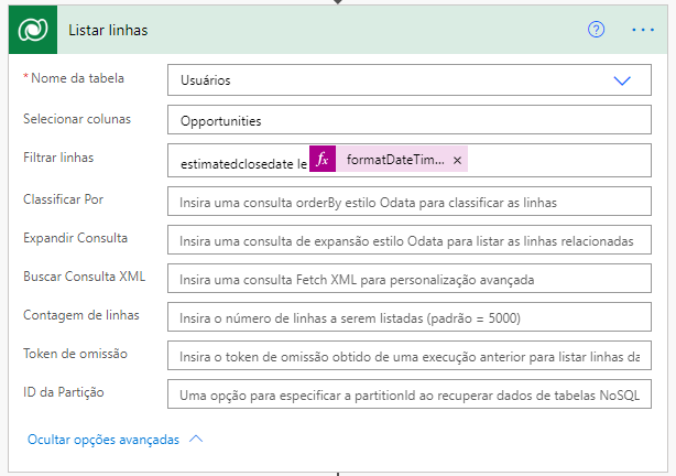 A consulta de filtro é definida como estimatedclosedate eq formatDateDime(...).