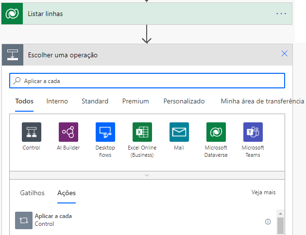 Aplicar a cada resultado da pesquisa mostra Aplicar a cada controle na guia Ações.