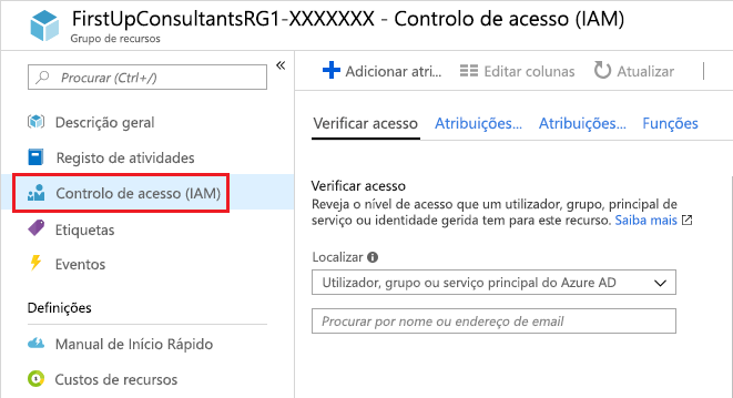 Screenshot showing Access control (IAM) option on the resource group pane.