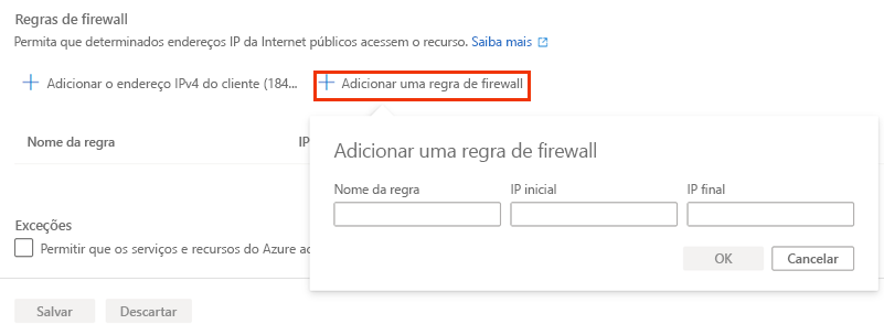 Screenshot of the Azure portal showing the server firewall rule creation.
