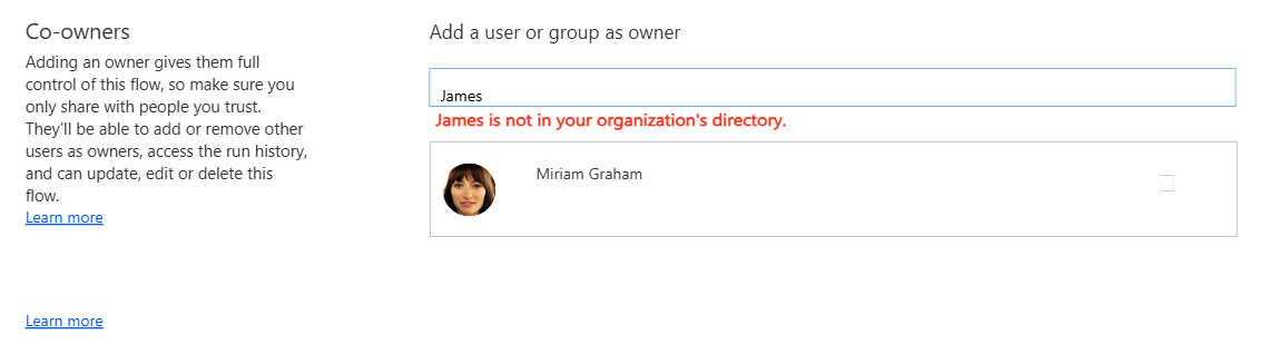 Captura de tela dos resultados da adição de um usuário que não está no ambiente Dataverse.
