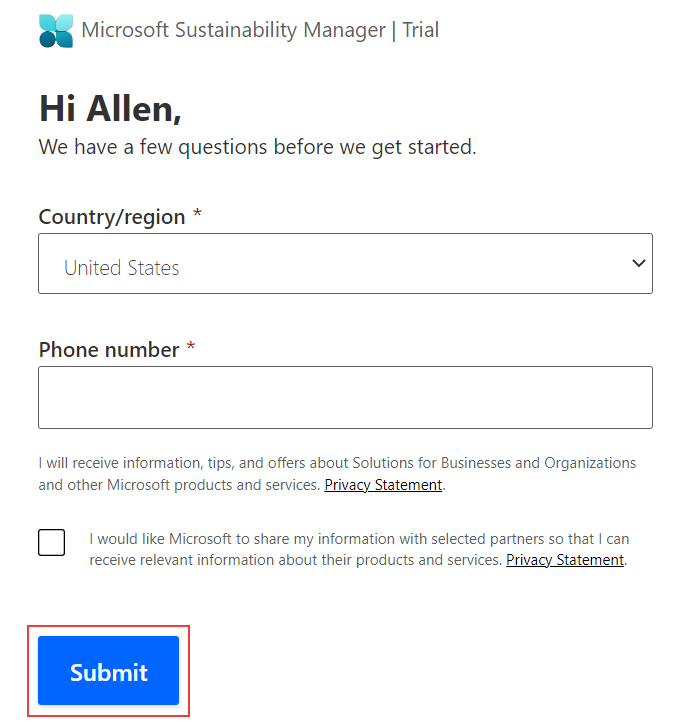 Screenshot of the Microsoft Sustainability Manager trial wizard, showing the Phone number field and the Submit button.