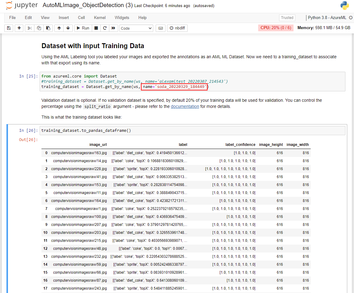 Uma captura de tela mostrando a saída da seção Dataset with Input Training Data no bloco de anotações Jupyter.