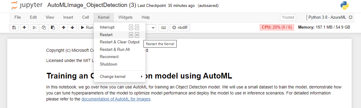 Uma captura de tela mostrando como redefinir o kernel no bloco de anotações Jupyter.