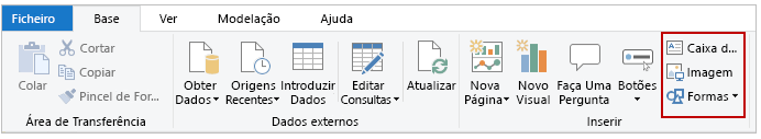 Captura de ecrã a mostrar os botões “Caixa de texto”, “Imagem” e “Formas” no separador Base.