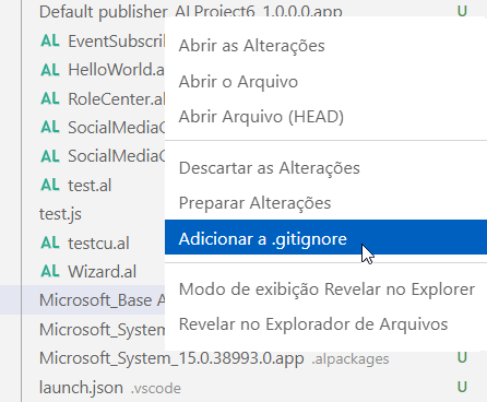 Captura de tela de Adicionar a .gitignore no menu de clique com o botão direito do mouse.