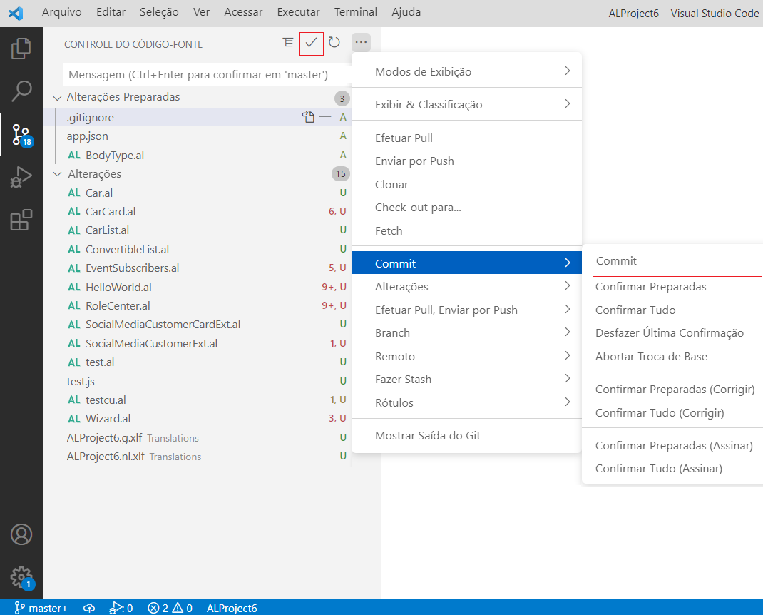 Captura de tela de Confirmação de alterações no Visual Studio Code.