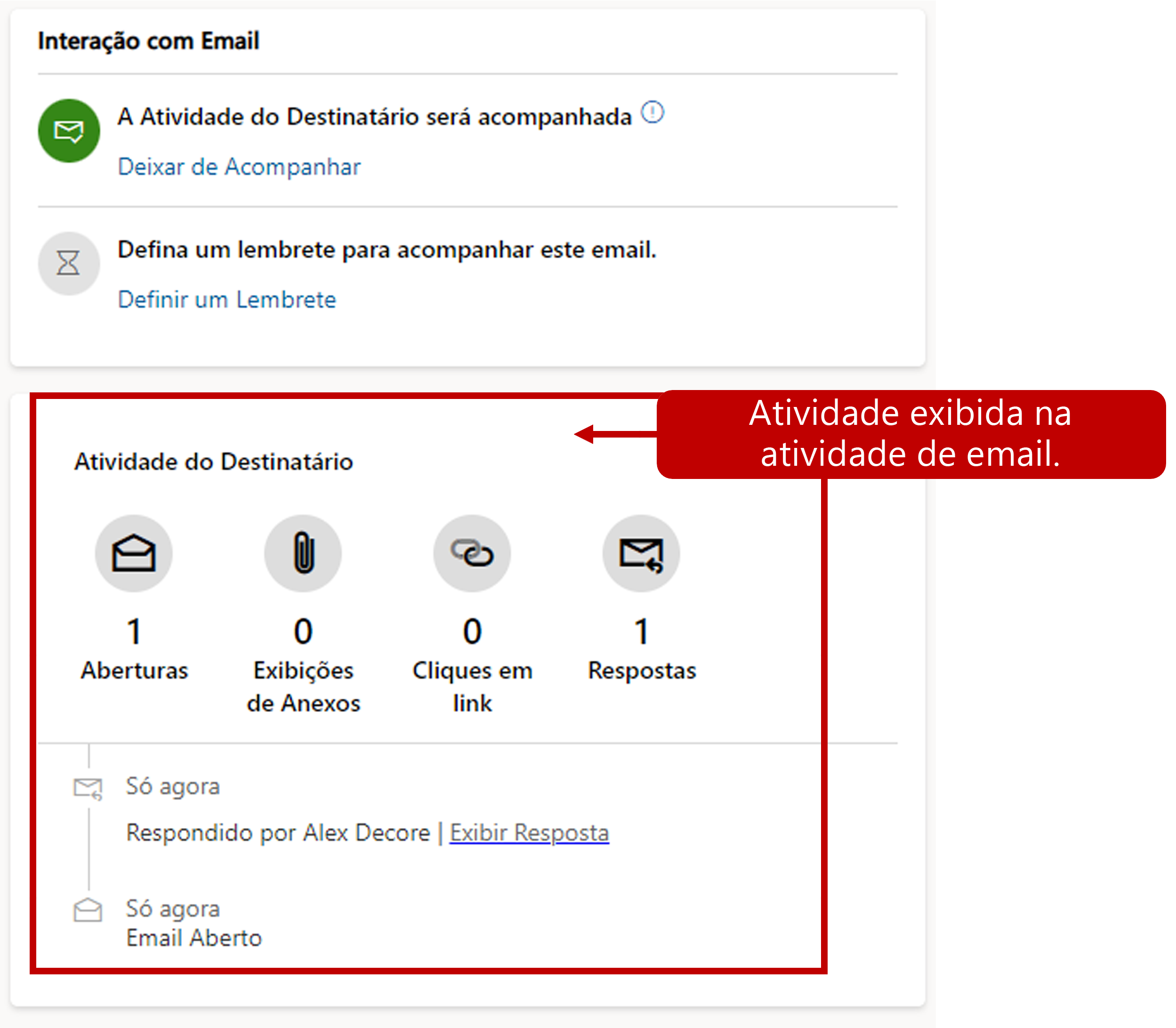 Captura de tela de Detalhes da mensagem com a seção Atividade do Destinatário realçada.