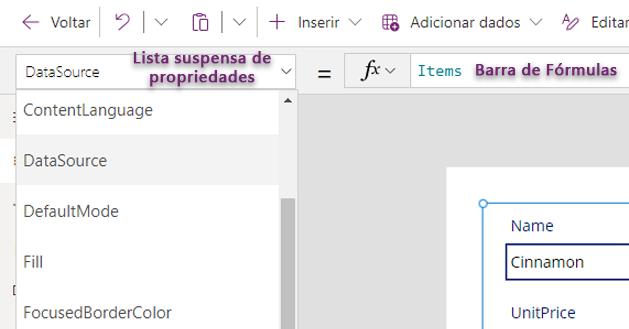 Propriedades de um controle para formulários e fórmulas.