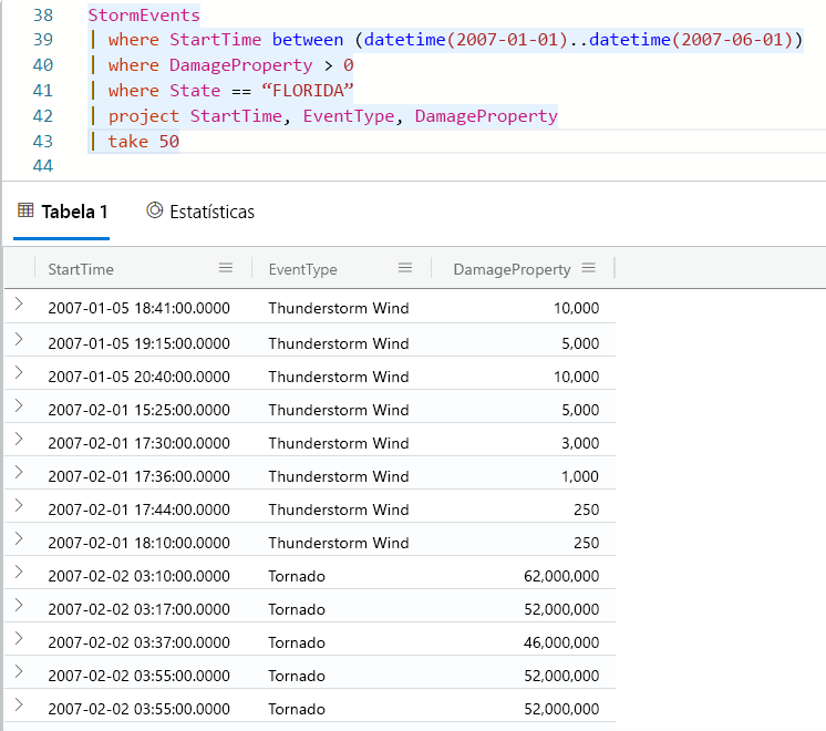 Screenshot of query results for where operators that include a time range.