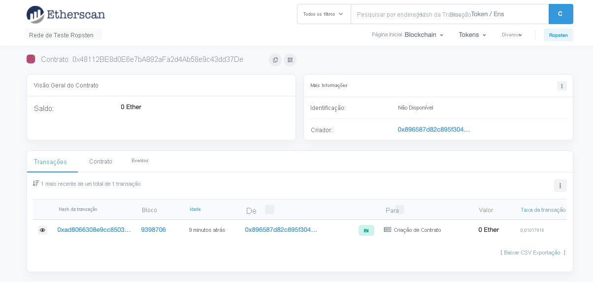 Screenshot showing the contract deployed in Etherscan.