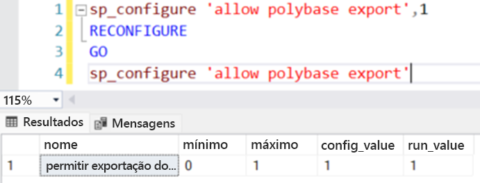 Captura de tela da configuração da opção para permitir a exportação do PolyBase.