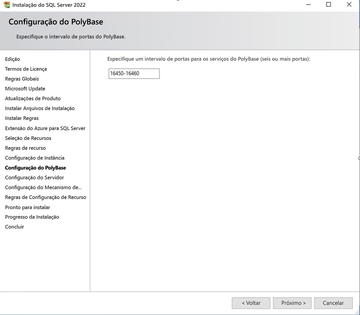 Imagem do executável de instalação do SQL Server mostrando a configuração do intervalo de portas PolyBase.