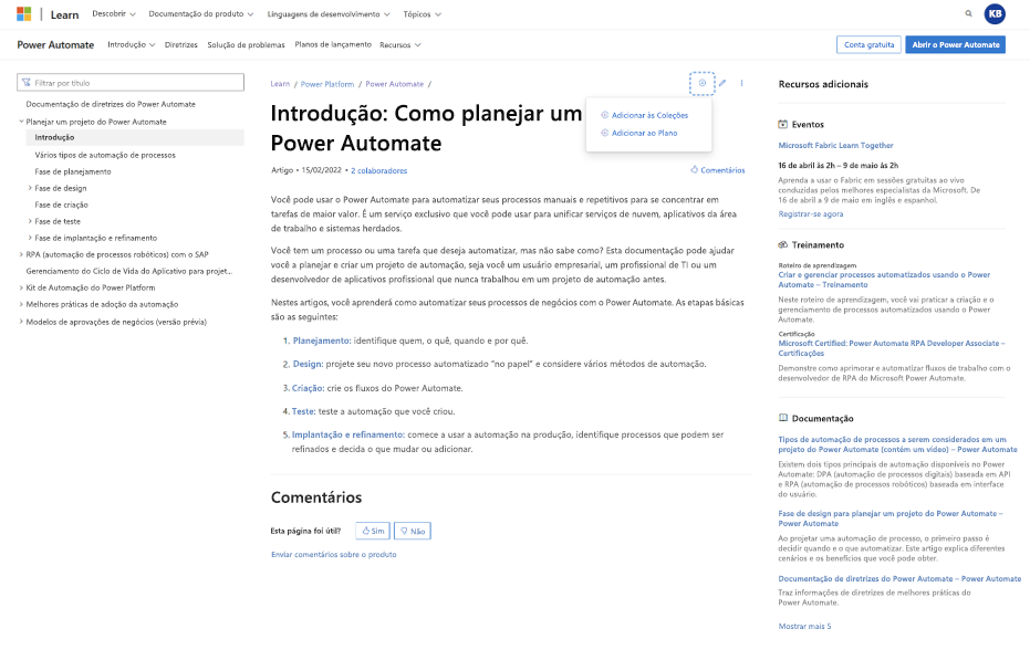 Captura de ecrã a mostrar a adição de conteúdo a um plano não publicado. Novas ações aparecem em todo o conteúdo no site do Learn que permite que você