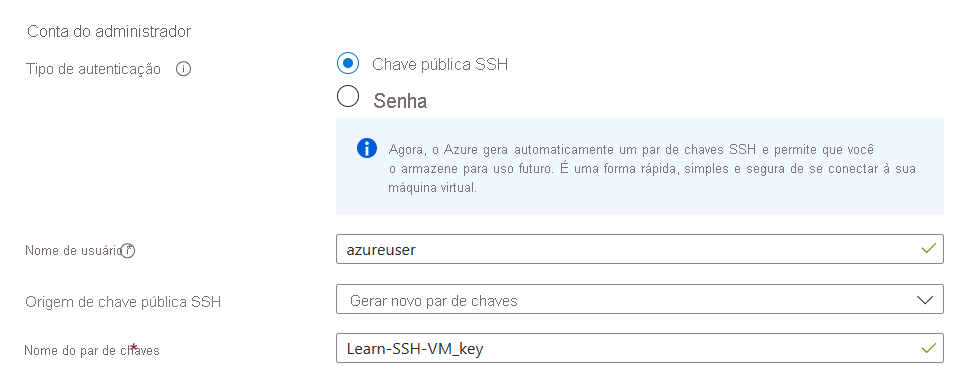 Captura de ecrã a mostrar os valores predefinidos da secção Conta de Administrador durante a criação da VM no Azure.