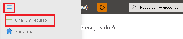 Captura de ecrã a mostrar a ação Criar um recurso no menu do portal do Azure.