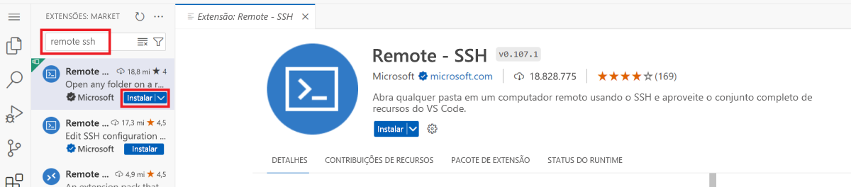 Captura de tela destacando como procurar uma instalação do Visual Studio Code Remote - extensão SSH.