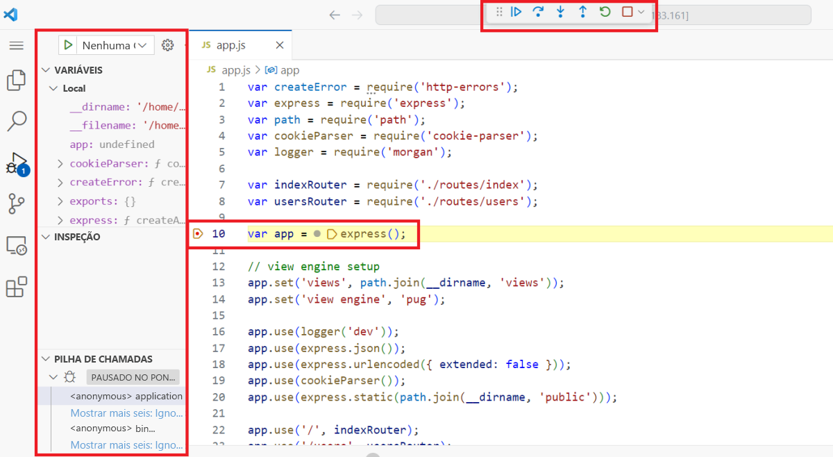 Captura de tela destacando diferentes partes da experiência de depuração.