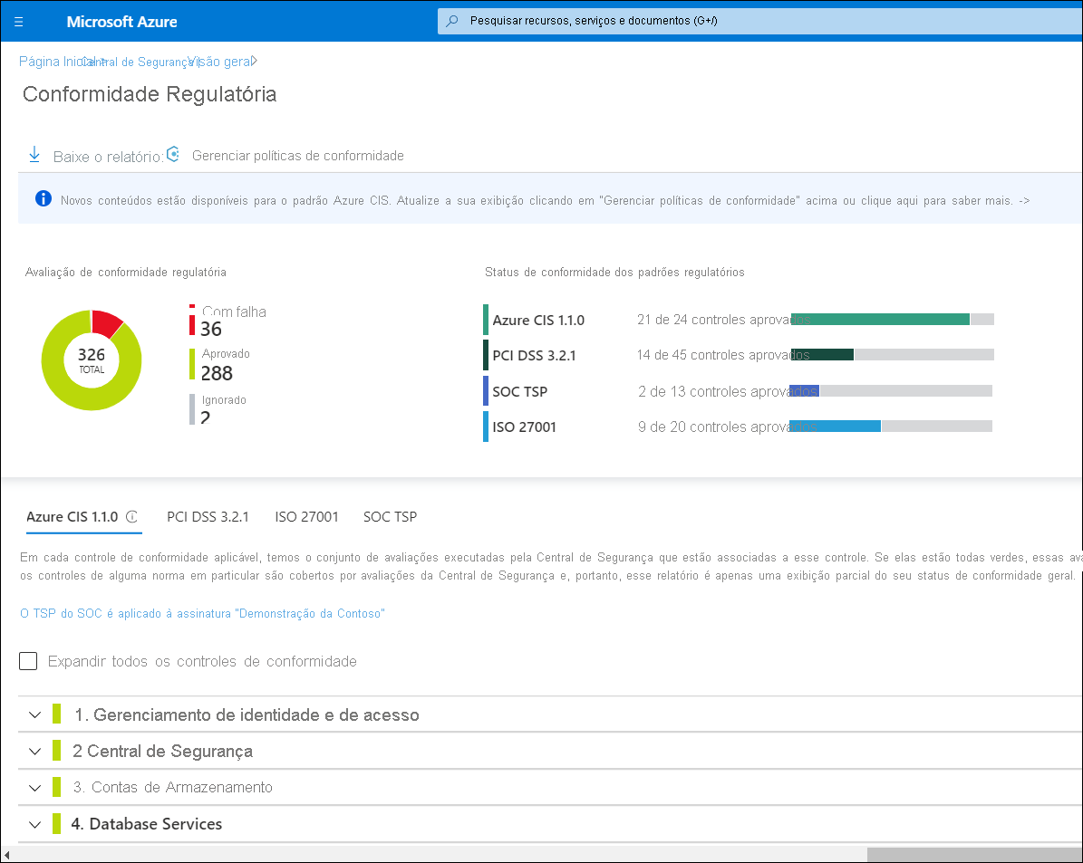 A screenshot of the Regulatory compliance blade in Security Center displaying the organization's regulatory compliance assessment..