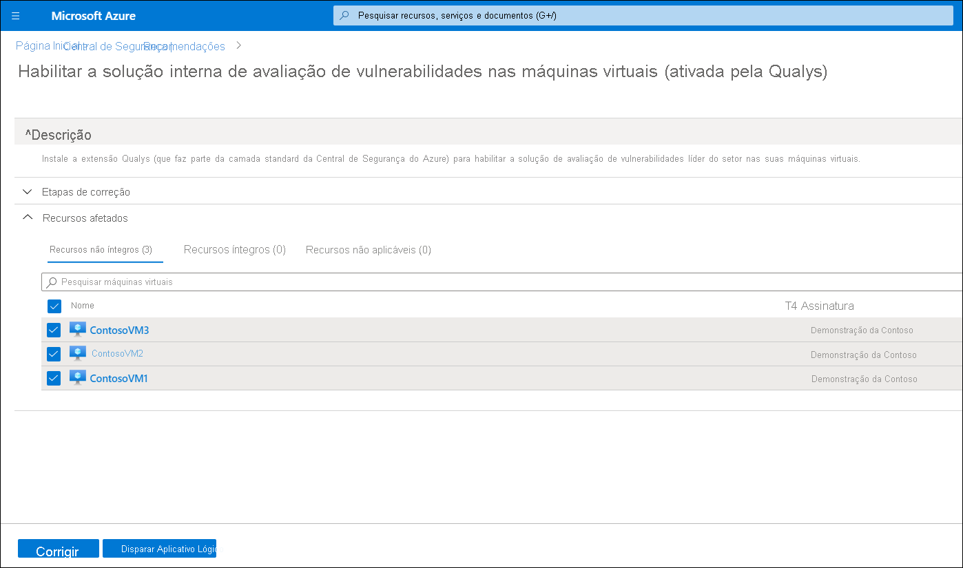 A screenshot of the Enable the built-in vulnerability assessment solution on virtual machines (powered by Qualys) blade. The administrator has selected all available VMs and is about to select Remediate.