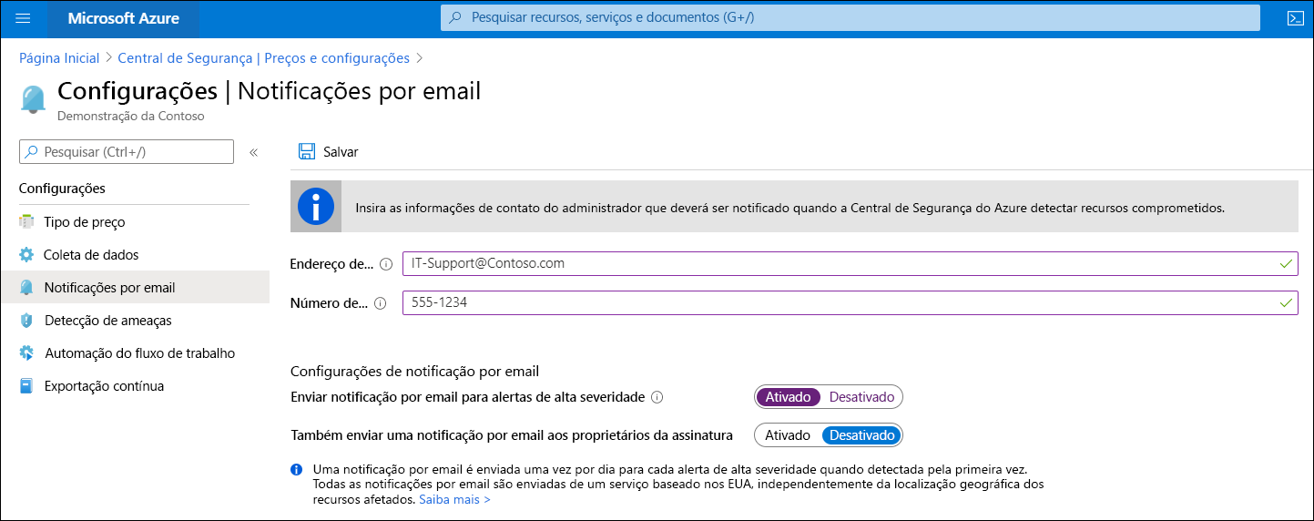A screenshot of the Settings email notifications page in the Azure Security Center. The administrator has entered a contact email address and telephone number. They also have enabled email notifications for high severity alerts.