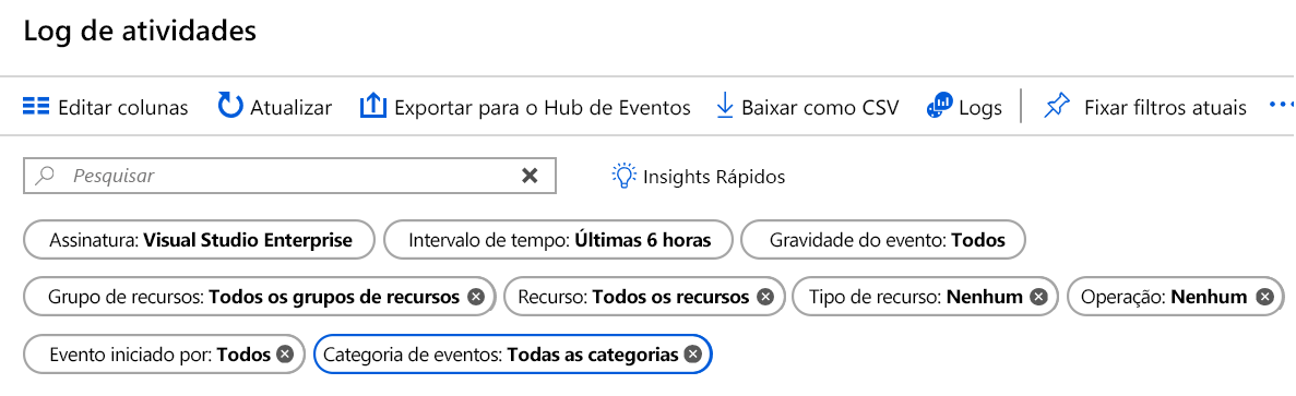 Captura de ecrã que mostra as opções de filtro dos registos de atividades no portal do Azure.