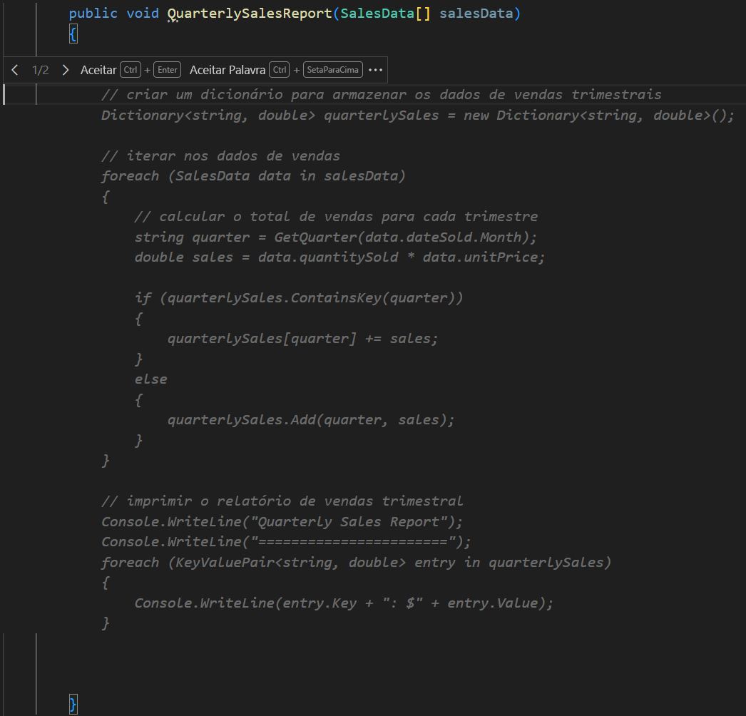 Screenshot mostrando uma sugestão de conclusão de código que processa dados para um relatório.