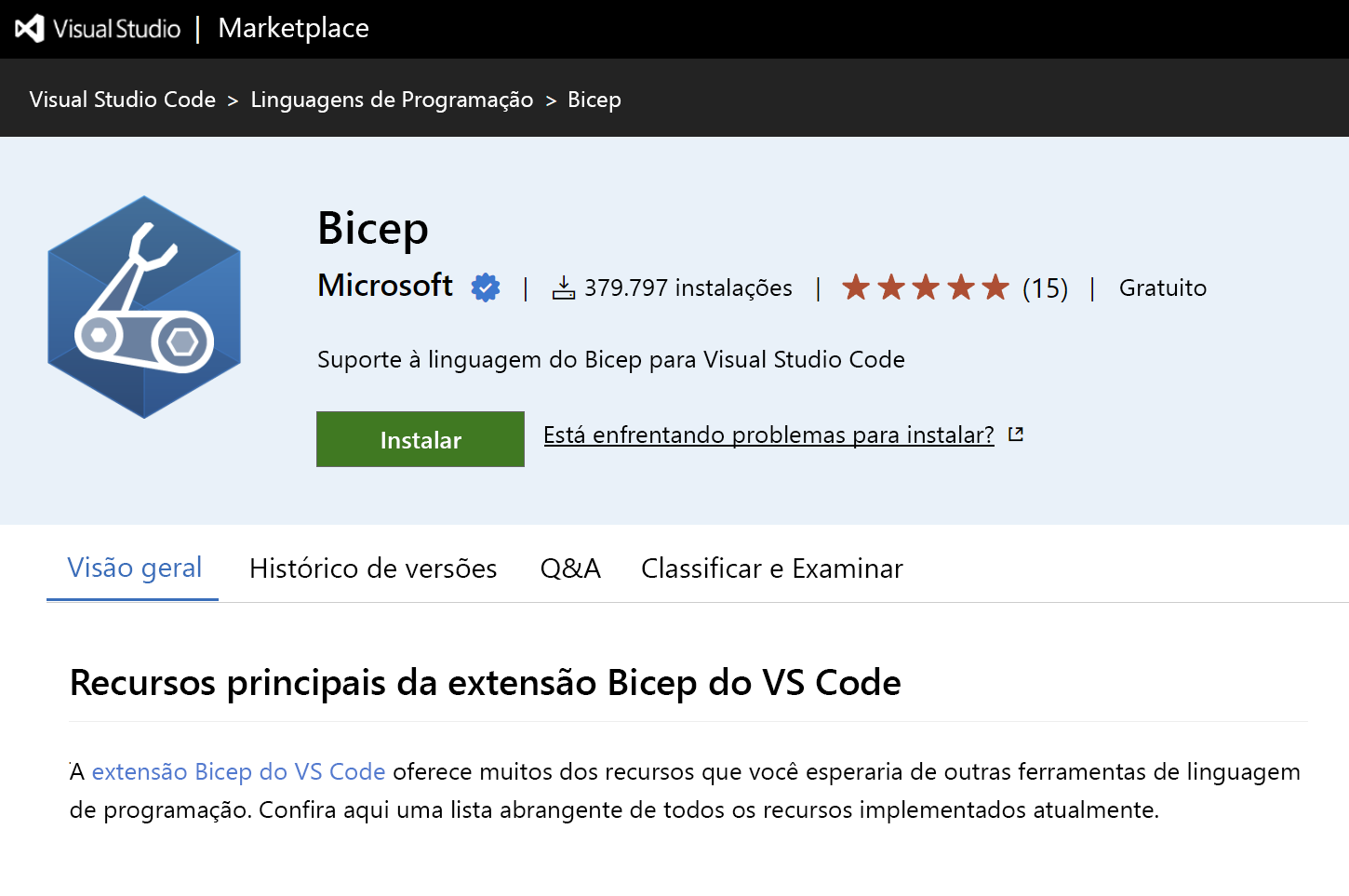 Screenshot da extensão Bicep do Marketplace do VS Code.