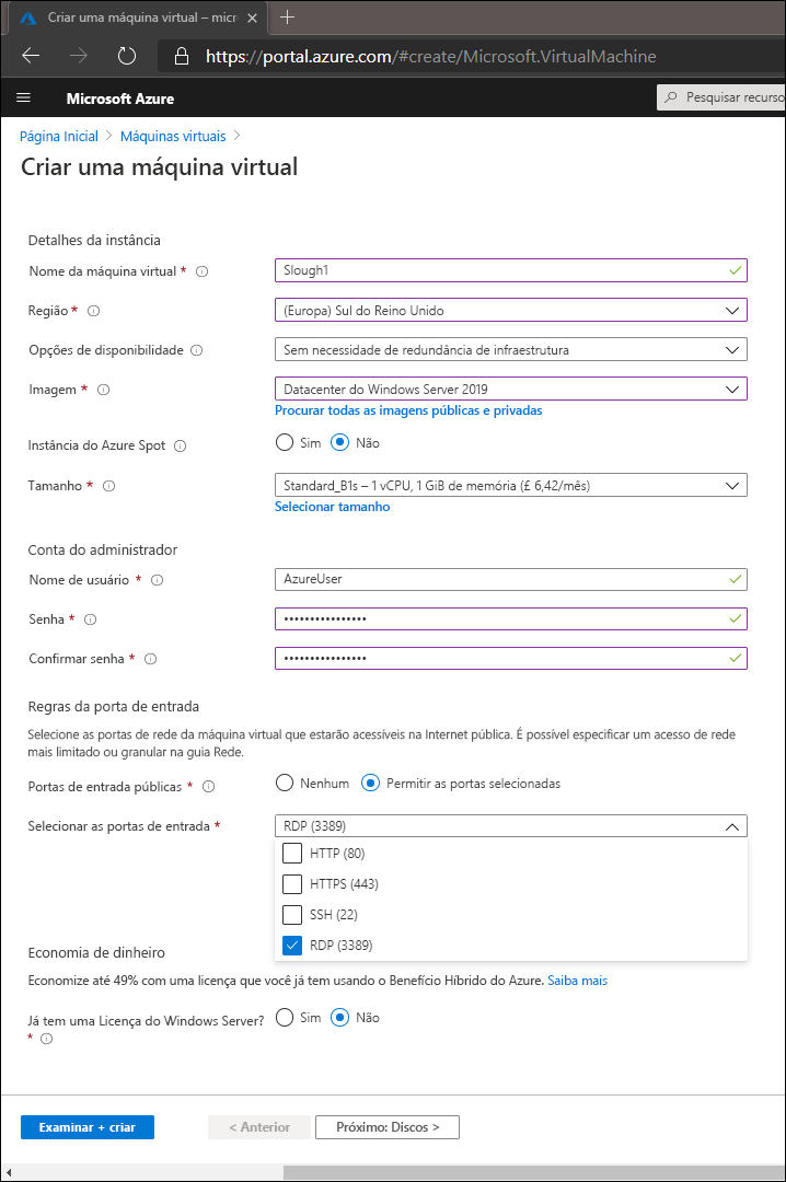 Screenshot of the Create a virtual machine wizard in the Azure portal. The administrator has enabled the RDP inbound port on the public interface. Other choices include HTTP, HTTPS, and SSH.
