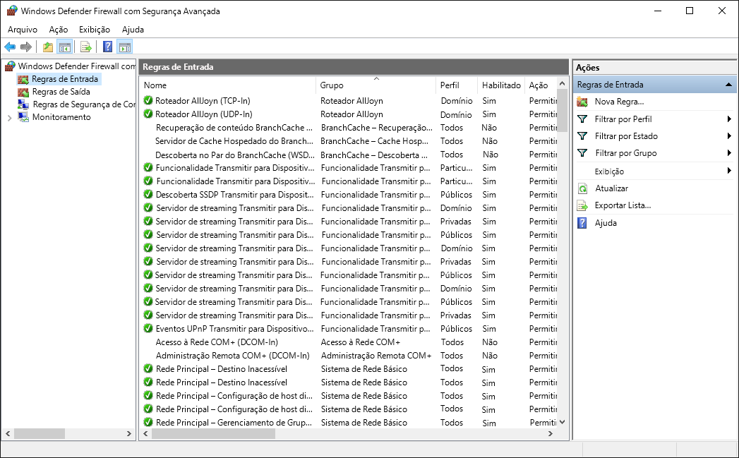 A screenshot of Windows Defender Firewall with Advanced Security, Inbound Rules node.