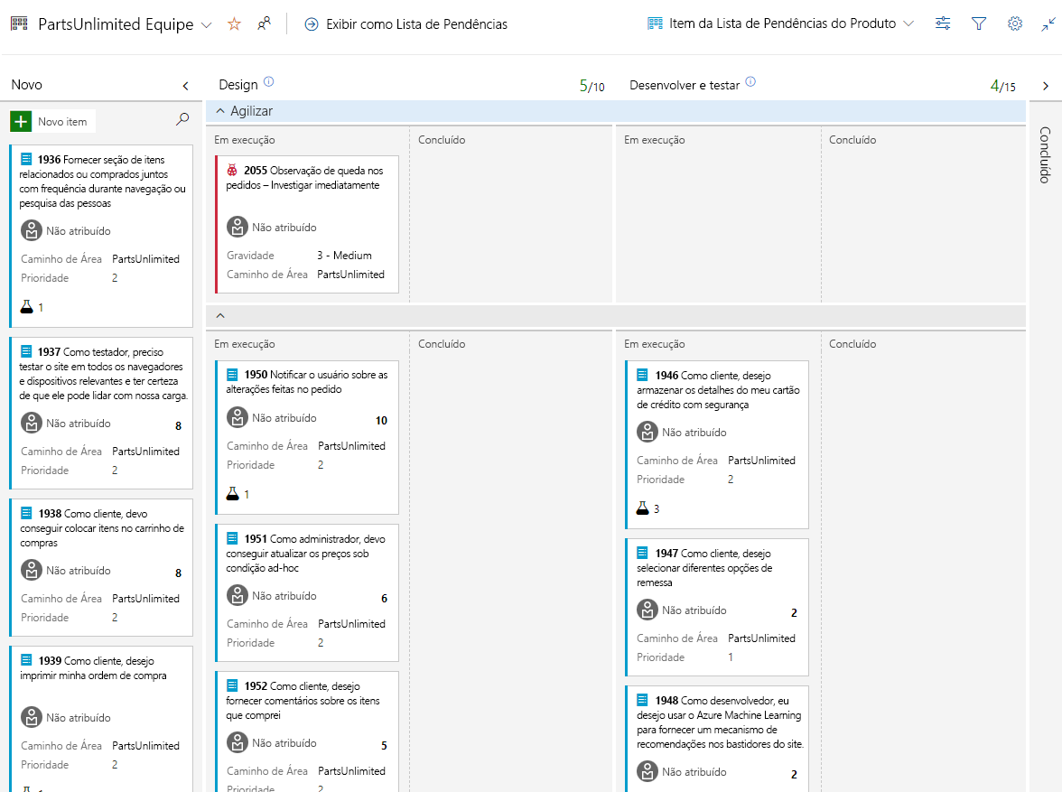 Captura de ecrã do quadro Kanban do Azure Boards a mostrar itens de trabalho organizados por raias com limites de trabalho em curso e indicadores visuais para diferentes tipos de itens de trabalho.