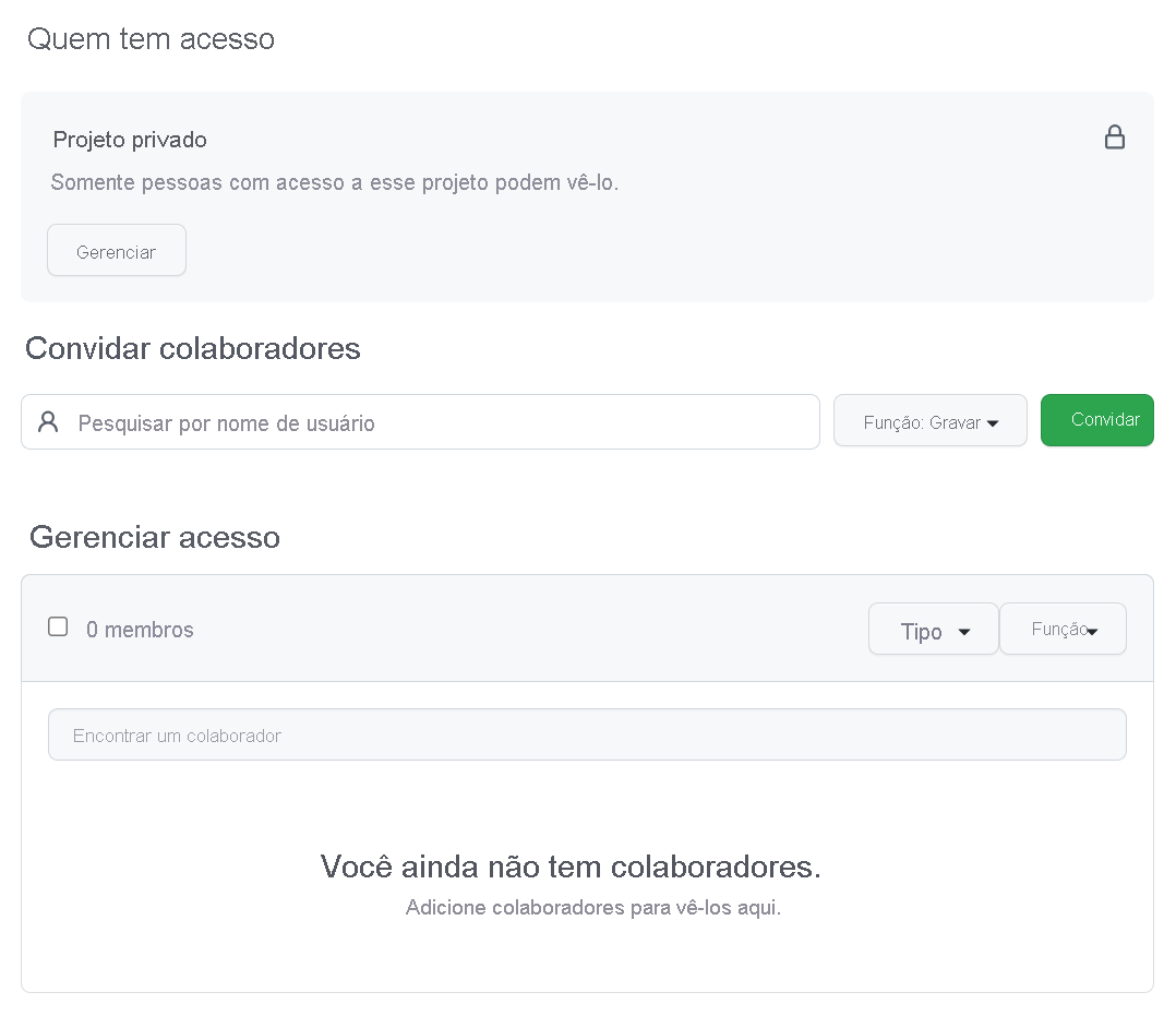 Captura de ecrã das definições dos projetos do GitHub para gerir o acesso.