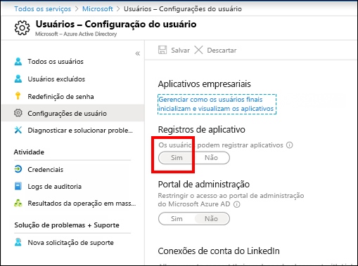 Screenshot of the User Settings page under Microsoft Active Directory in the Azure portal. The screenshot shows options for managing Microsoft Entra ID access to applications. The App registrations option is highlighted with a red border.