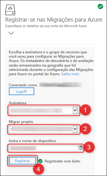Screenshot of the Azure Migrate appliance web app, showing the screen with options to register the Azure Migrate appliance with an Azure account you specify.