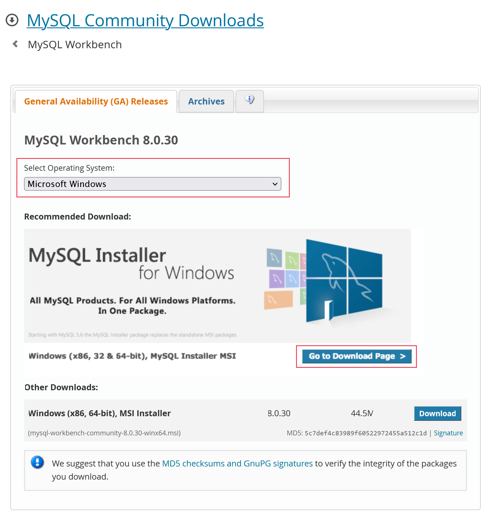Screenshot showing the MySQL Community Downloads for MySQL Workbench page.