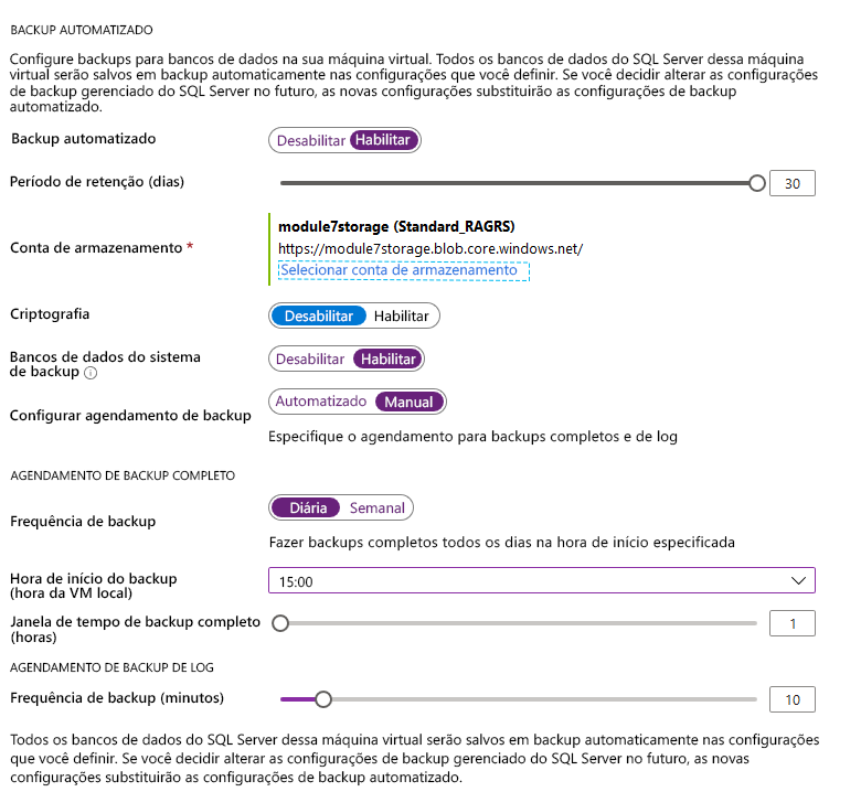 Configuring automated backups for SQL Server in a VM in the Azure portal