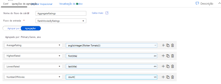 Configurando a transformação agregada para um fluxo de dados de mapeamento no Azure Data Factory
