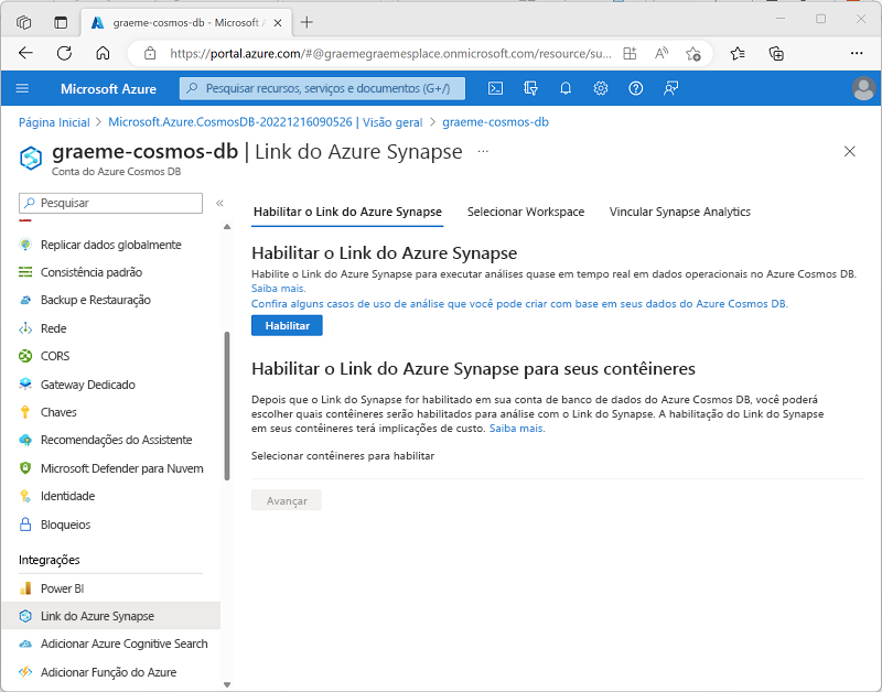 A screenshot showing the option to enable Azure Synapse Link for a Cosmos DB for NoSQL account.