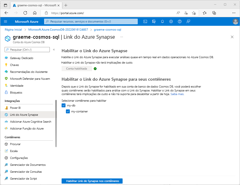 Screenshot showing the Azure Synapse Link page in the Azure portal, with an existing container selected and the Enable Synapse Link on your container button enabled.