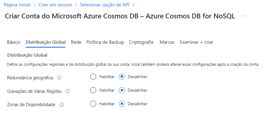 Global Distribution tab in the Azure Cosmos DB account creation wizard