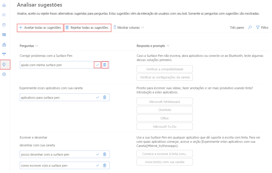 Uma captura de ecrã do painel Sugestões de Revisão.
