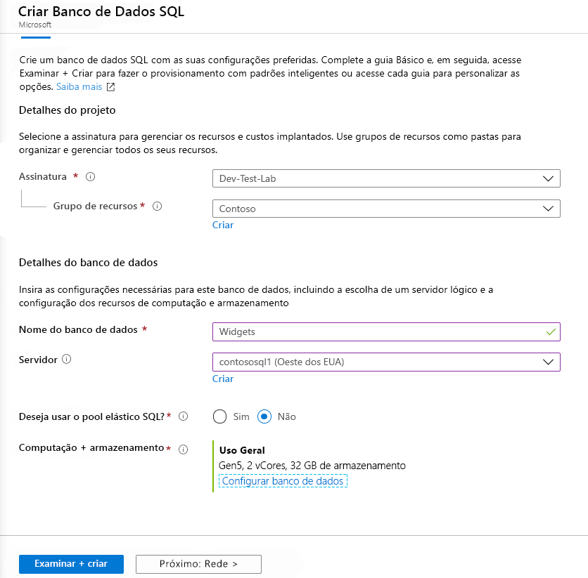 Create SQL Database blade of Azure portal