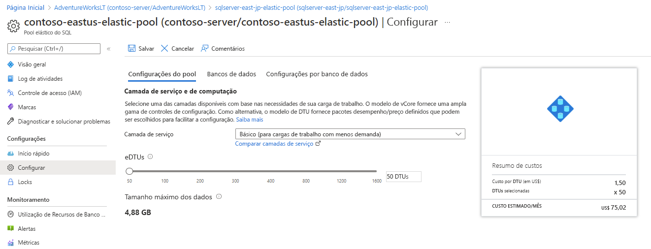 The Azure portal page showing Elastic Pool Configuration