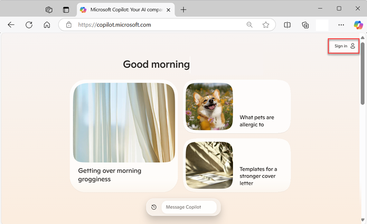 Captura de ecrã de Copilot.microsoft.com com o botão de início de sessão realçado.