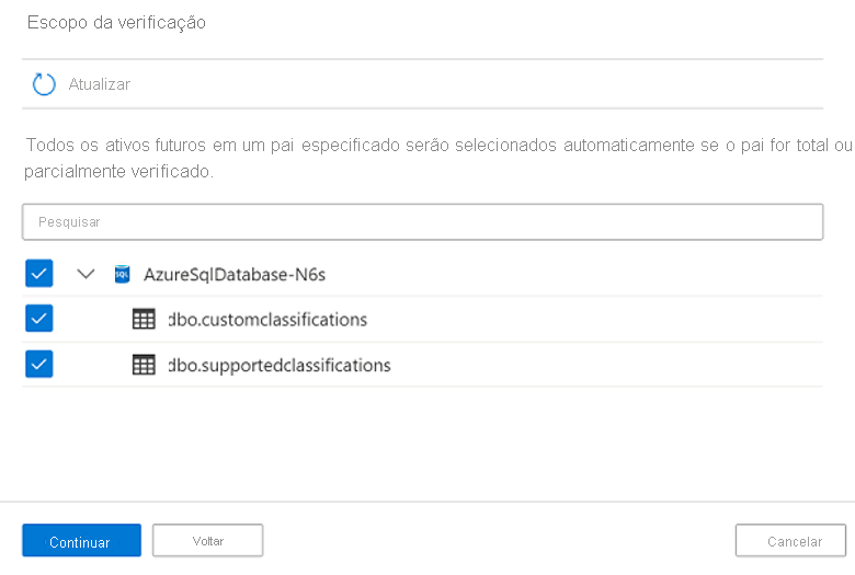 Captura de tela da lista de objetos do banco de dados ao definir o escopo da verificação.