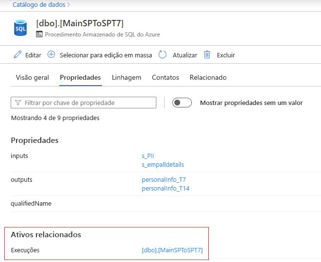 Captura de tela que mostra a tela com propriedades de procedimento armazenado contendo execuções.